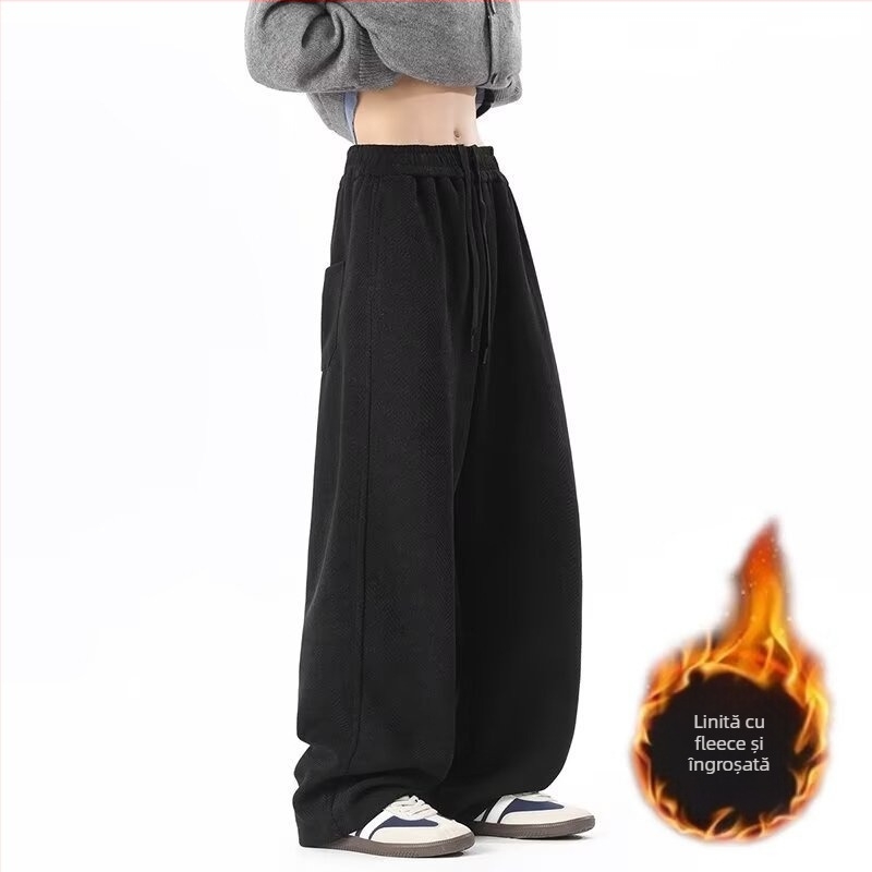 Pantaloni casual bărbătești cu căptușeală fleece, croială lejeră drept, talie medie, închidere cu șnur, material poliester