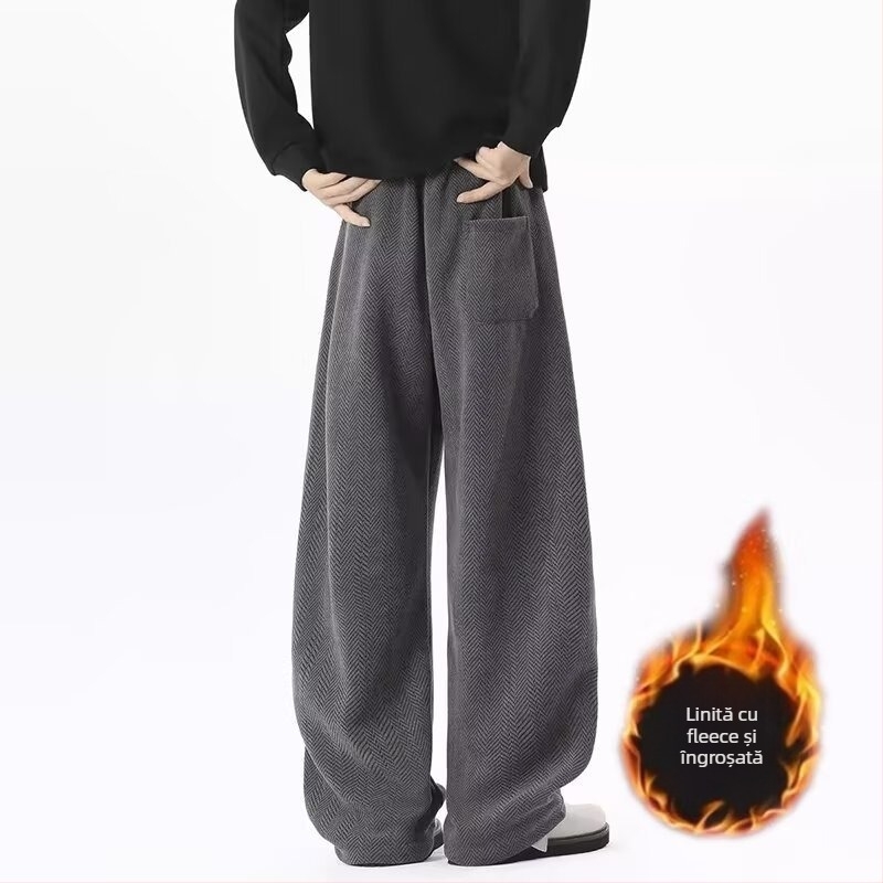 Pantaloni casual bărbătești cu căptușeală fleece, croială lejeră drept, talie medie, închidere cu șnur, material poliester