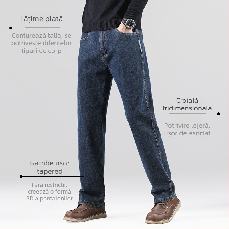 Blugi bărbați drepti, talie medie, fermoar, amestec bumbac-poliester-viscoză-elastan, purtare zilnică, patru sezoane