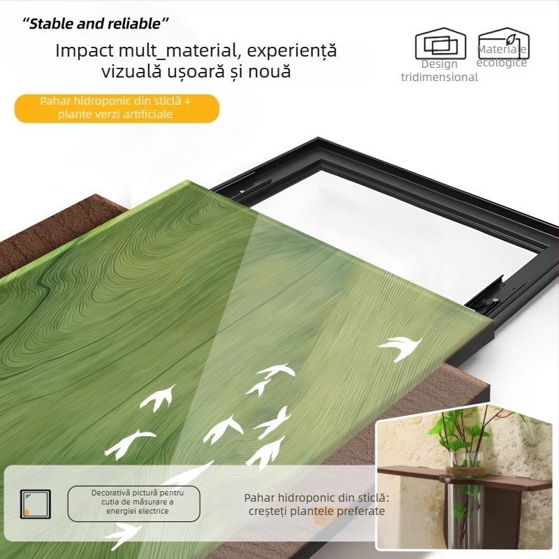 Tablou decorativ înrămat pentru cutia de distribuție electrică, stil vintage crem, ramă PS, plante hidroponice verzi