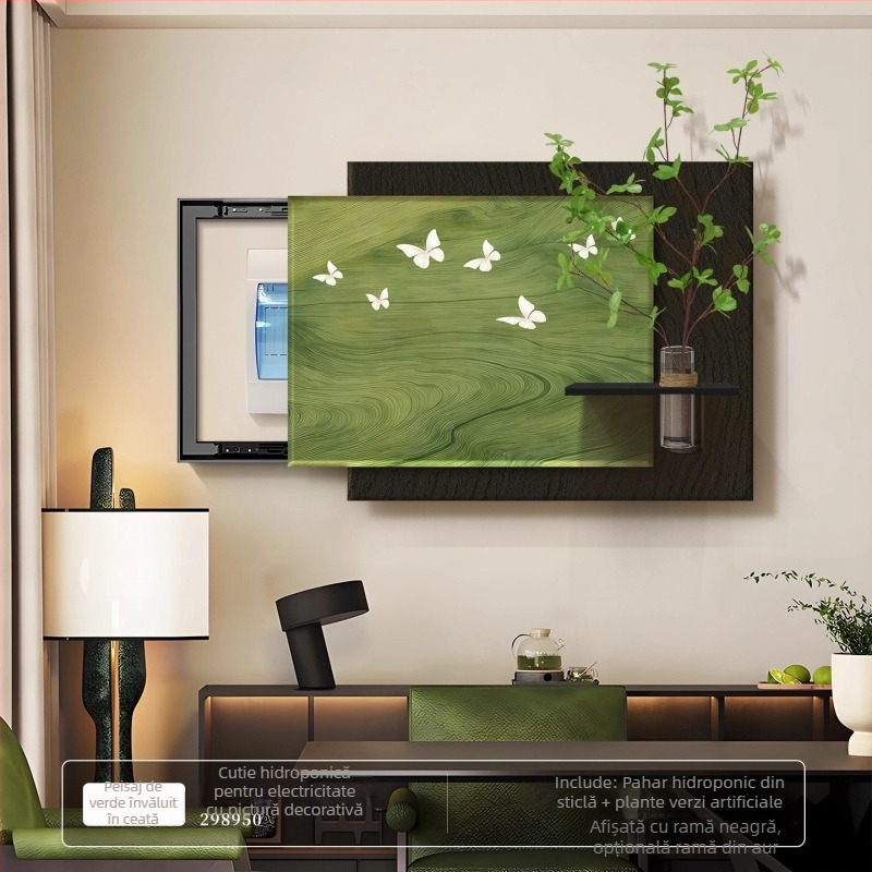 Tablou decorativ înrămat pentru cutia de distribuție electrică, stil vintage crem, ramă PS, plante hidroponice verzi