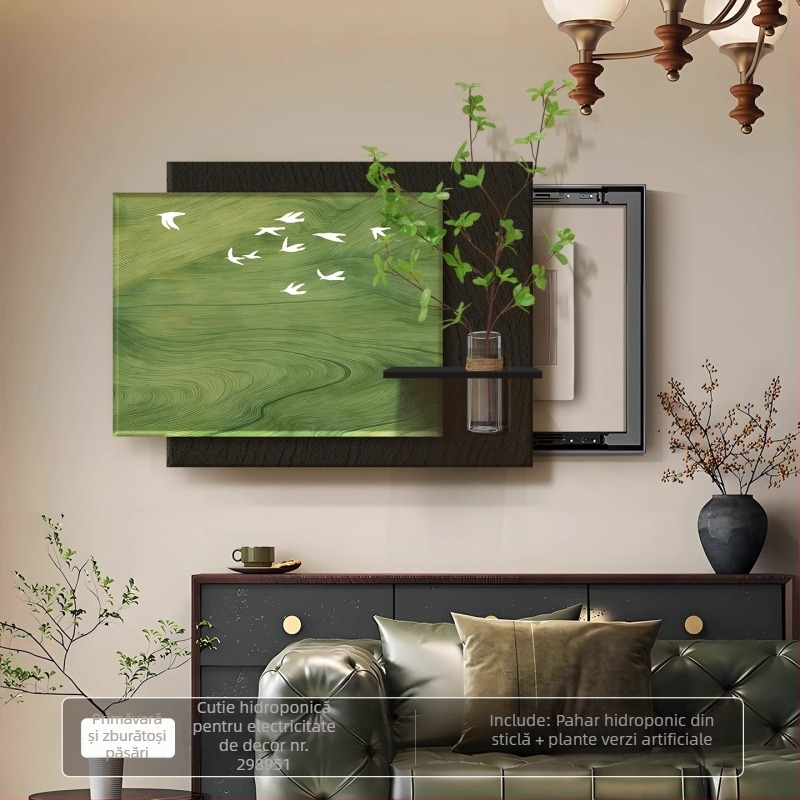 Tablou decorativ înrămat pentru cutia de distribuție electrică, stil vintage crem, ramă PS, plante hidroponice verzi