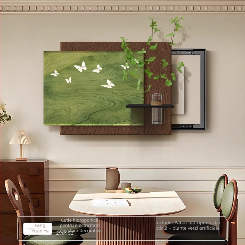 Tablou decorativ înrămat pentru cutia de distribuție electrică, stil vintage crem, ramă PS, plante hidroponice verzi