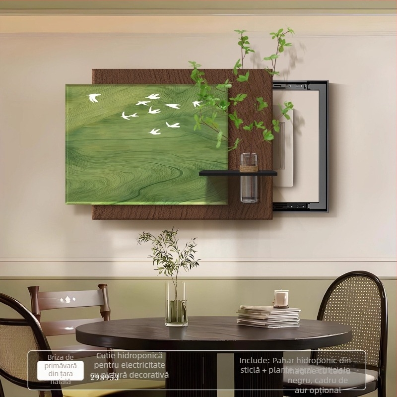 Tablou decorativ înrămat pentru cutia de distribuție electrică, stil vintage crem, ramă PS, plante hidroponice verzi