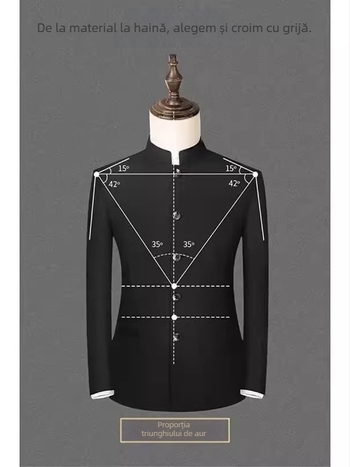 Sacou bărbătesc cu umeri căptuți, guler staționar, croială lejeră, poliester, 3 buzunare patch, primăvară-toamnă