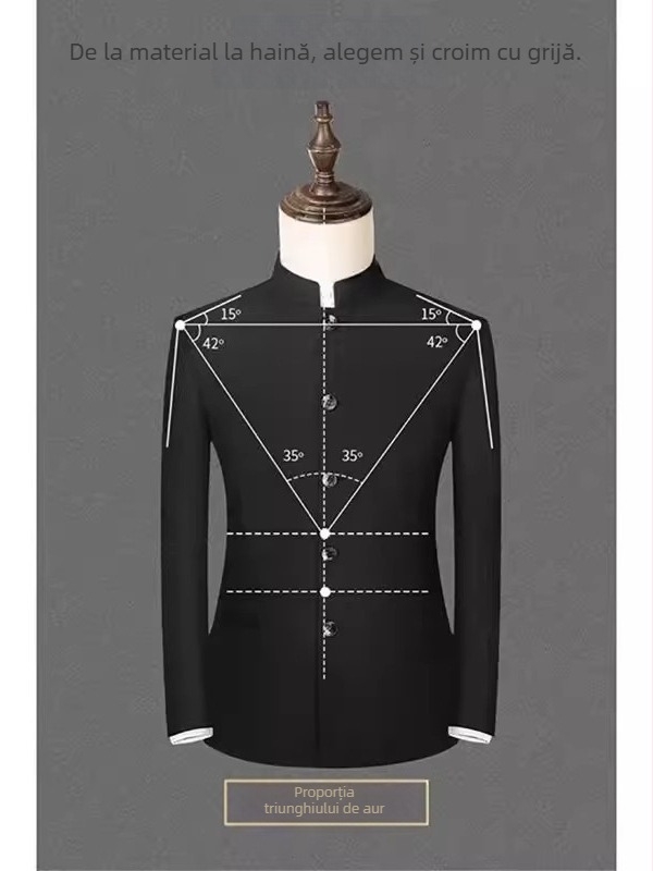 Sacou bărbătesc cu umeri căptuți, guler staționar, croială lejeră, poliester, 3 buzunare patch, primăvară-toamnă