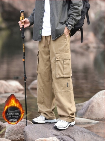 Pantaloni cargo bărbați cu căptușeală fleece, croială lejeră drept, 100% bumbac, pentru patru anotimpuri