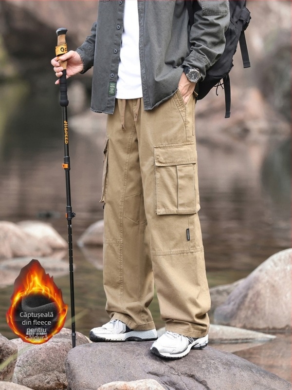 Pantaloni cargo bărbați cu căptușeală fleece, croială lejeră drept, 100% bumbac, pentru patru anotimpuri