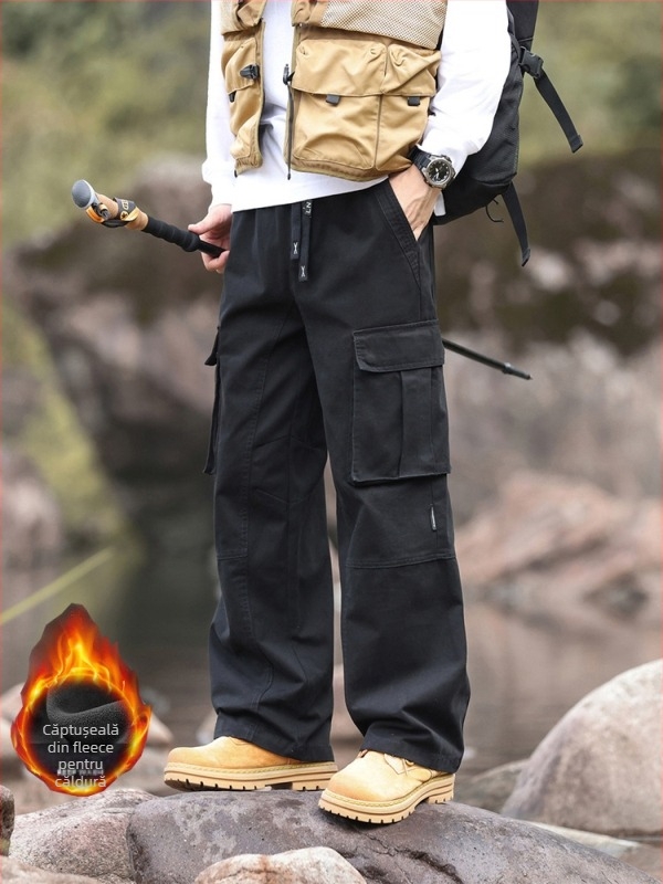 Pantaloni cargo bărbați cu căptușeală fleece, croială lejeră drept, 100% bumbac, pentru patru anotimpuri