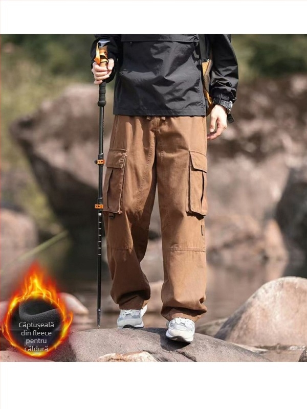 Pantaloni cargo bărbați cu căptușeală fleece, croială lejeră drept, 100% bumbac, pentru patru anotimpuri