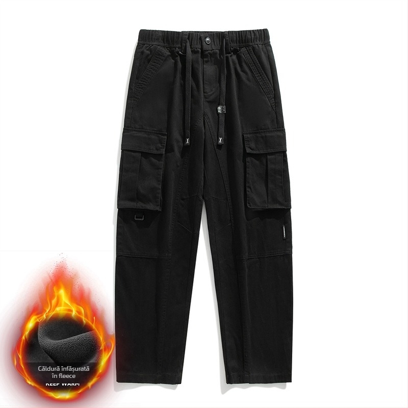 Pantaloni cargo bărbați cu căptușeală fleece, croială lejeră drept, 100% bumbac, pentru patru anotimpuri