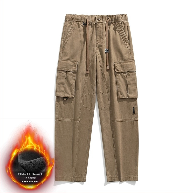 Pantaloni cargo bărbați cu căptușeală fleece, croială lejeră drept, 100% bumbac, pentru patru anotimpuri