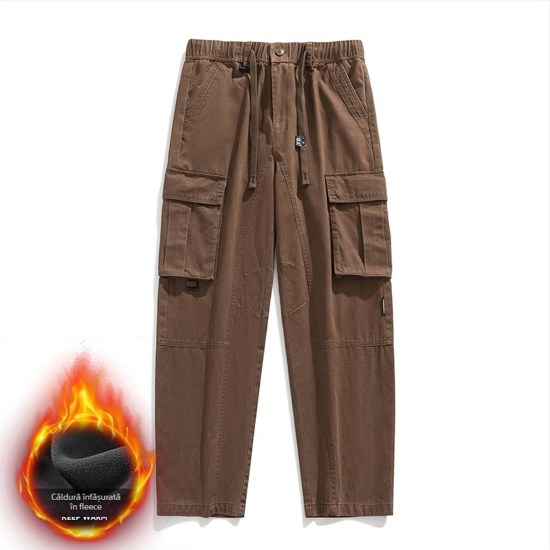 Pantaloni cargo bărbați cu căptușeală fleece, croială lejeră drept, 100% bumbac, pentru patru anotimpuri