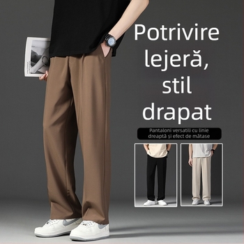 Pantaloni bărbați de vară drepți, talie înaltă, curea inclusă, imprimeu floral, amestec poliesteric, fără călcare
