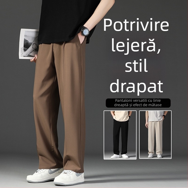 Pantaloni bărbați de vară drepți, talie înaltă, curea inclusă, imprimeu floral, amestec poliesteric, fără călcare