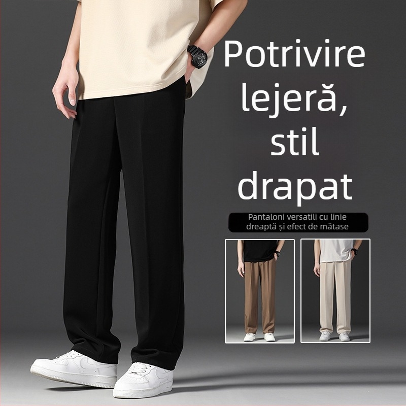 Pantaloni bărbați de vară drepți, talie înaltă, curea inclusă, imprimeu floral, amestec poliesteric, fără călcare