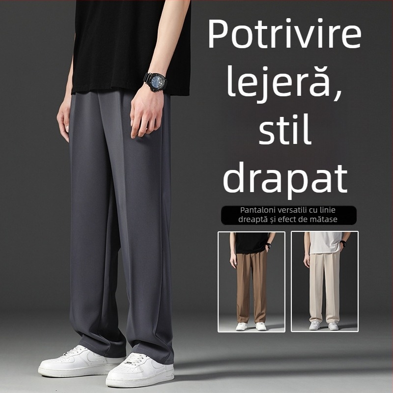 Pantaloni bărbați de vară drepți, talie înaltă, curea inclusă, imprimeu floral, amestec poliesteric, fără călcare
