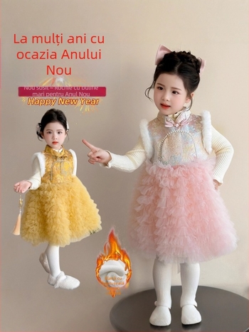 Fetiță rochie tradițională chinezească pentru iarnă – stil prințesă, costum etnic, căptușită cu lână, țesătură din bumbac, gros