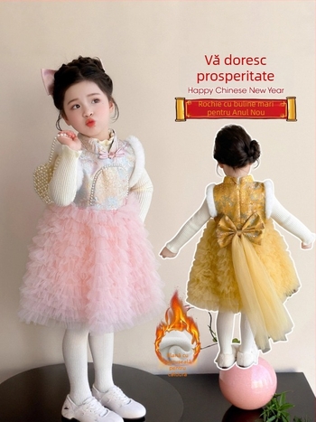 Fetiță rochie tradițională chinezească pentru iarnă – stil prințesă, costum etnic, căptușită cu lână, țesătură din bumbac, gros