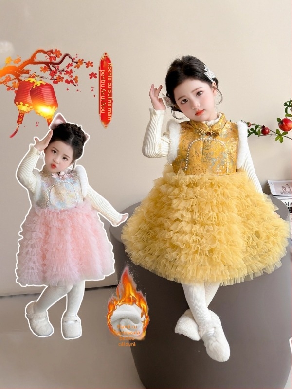 Fetiță rochie tradițională chinezească pentru iarnă – stil prințesă, costum etnic, căptușită cu lână, țesătură din bumbac, gros