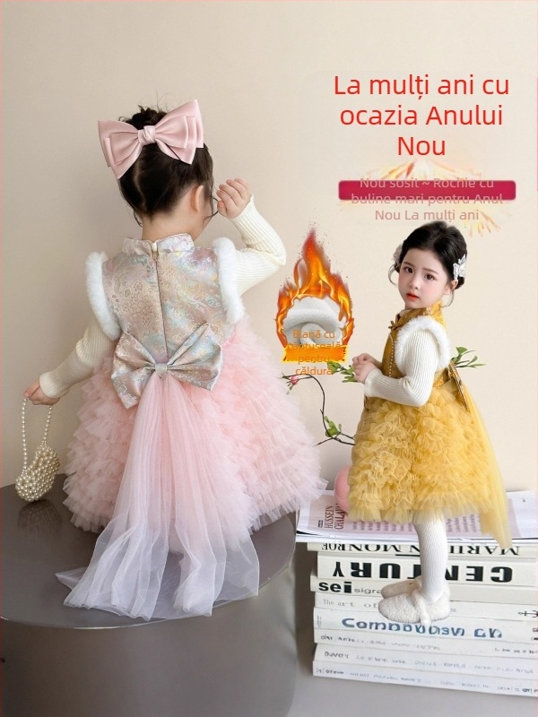 Fetiță rochie tradițională chinezească pentru iarnă – stil prințesă, costum etnic, căptușită cu lână, țesătură din bumbac, gros