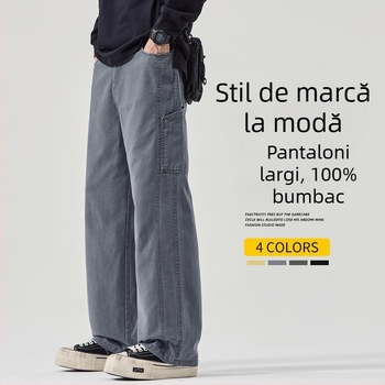 Pantaloni casual bărbați din bumbac 100%, croială dreaptă lejeră, talie medie, închidere cu nasturi, respirabili, model toamnă 2025