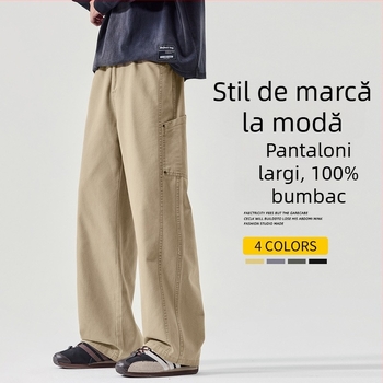 Pantaloni casual bărbați din bumbac 100%, croială dreaptă lejeră, talie medie, închidere cu nasturi, respirabili, model toamnă 2025