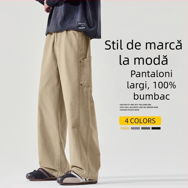 Pantaloni casual bărbați din bumbac 100%, croială dreaptă lejeră, talie medie, închidere cu nasturi, respirabili, model toamnă 2025