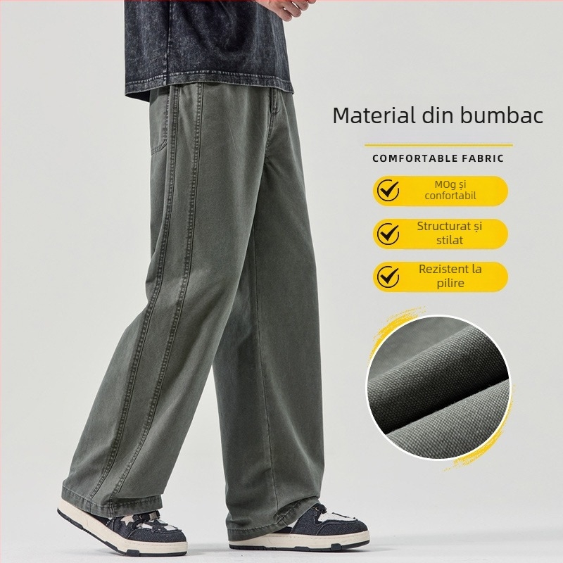 Pantaloni casual bărbați din bumbac 100%, croială dreaptă lejeră, talie medie, închidere cu nasturi, respirabili, model toamnă 2025