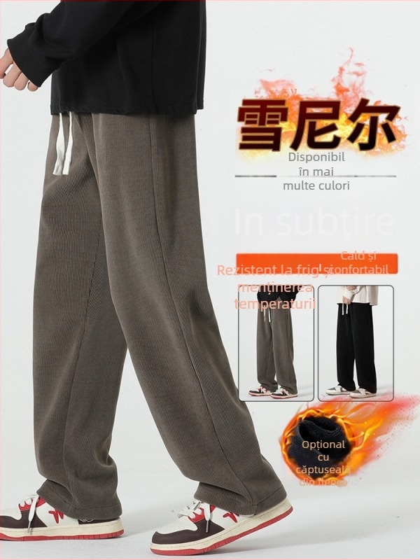 Pantaloni casual bărbați corduroy cu căptușeală fleece, talie elastică, croială lejeră, picior drept, 100% poliester, toamnă