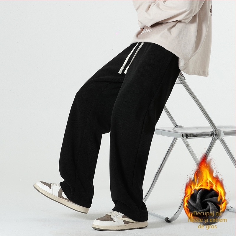 Pantaloni casual bărbați corduroy cu căptușeală fleece, talie elastică, croială lejeră, picior drept, 100% poliester, toamnă