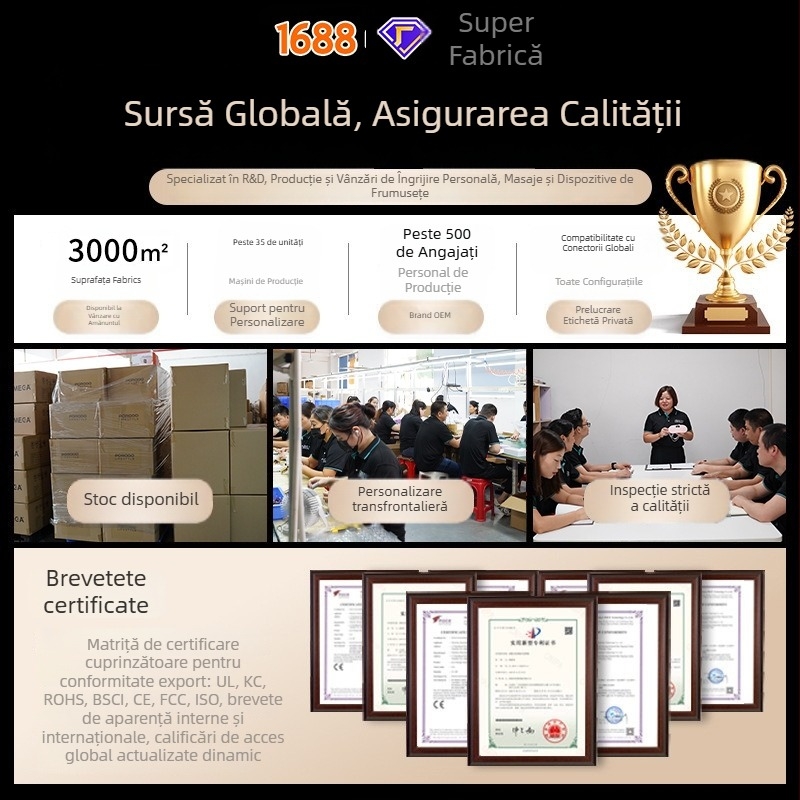 Dispozitiv de înfrumusețare facială cu masaj microcurent, ultrasunete și terapie LED – portabil, baterie încorporată 500–800 mAh, IPx0, cutie cadou