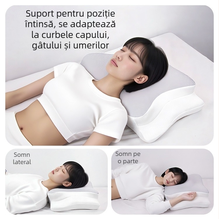Pernă din spumă cu memorie, în formă de fluture, cu protecție cervicală, revenire lentă, design fără presiune, pentru somn profund.