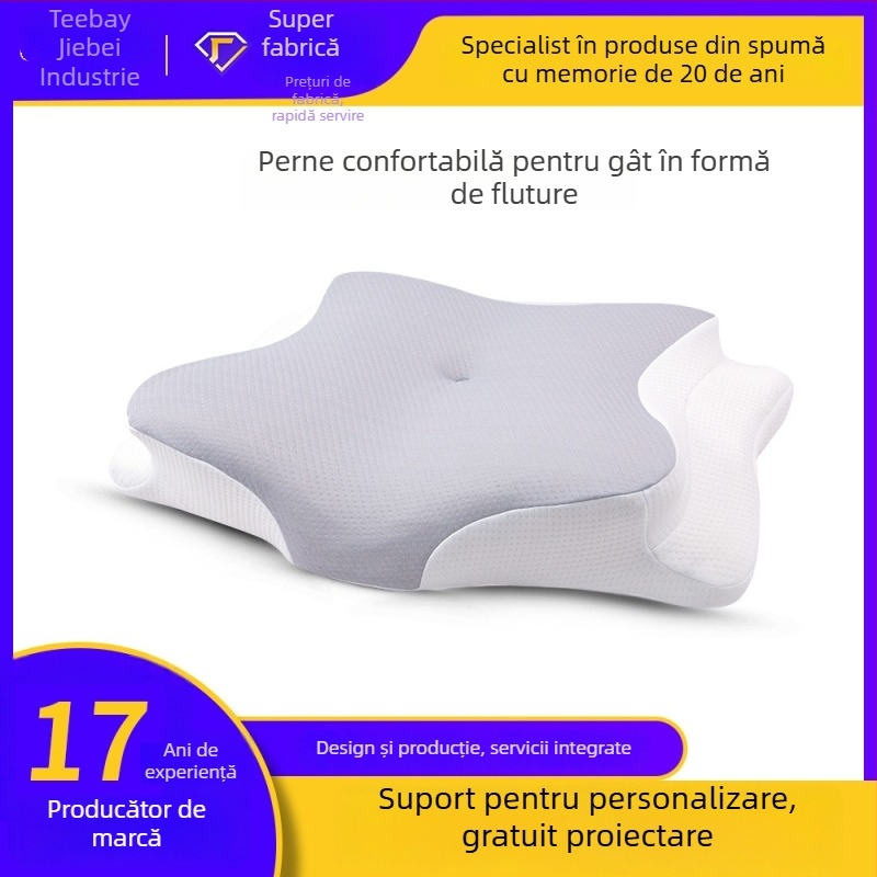 Pernă din spumă cu memorie, în formă de fluture, cu protecție cervicală, revenire lentă, design fără presiune, pentru somn profund.