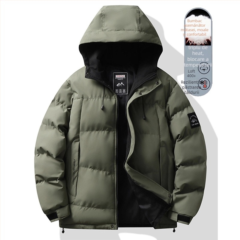Geacă bărbătească cu glugă, umplutură din bumbac, căptușeală groasă, fermoar, buzunare laterale