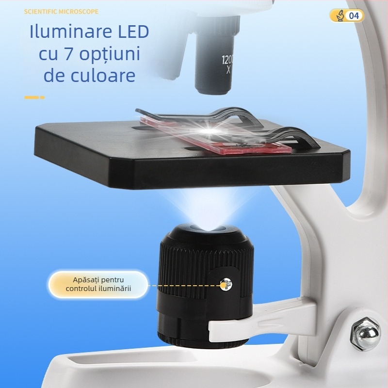 Mikroscop optic biologic de birou pentru copii, 1200x mărire, din plastic, pentru 7–14 ani, ambalaj: cutie din carton