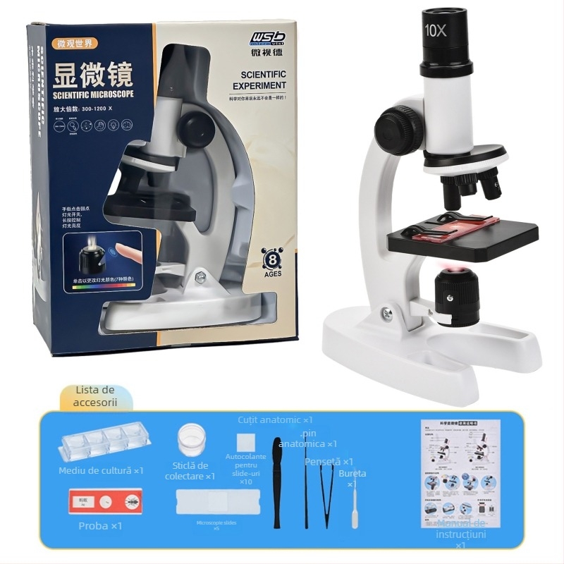 Mikroscop optic biologic de birou pentru copii, 1200x mărire, din plastic, pentru 7–14 ani, ambalaj: cutie din carton