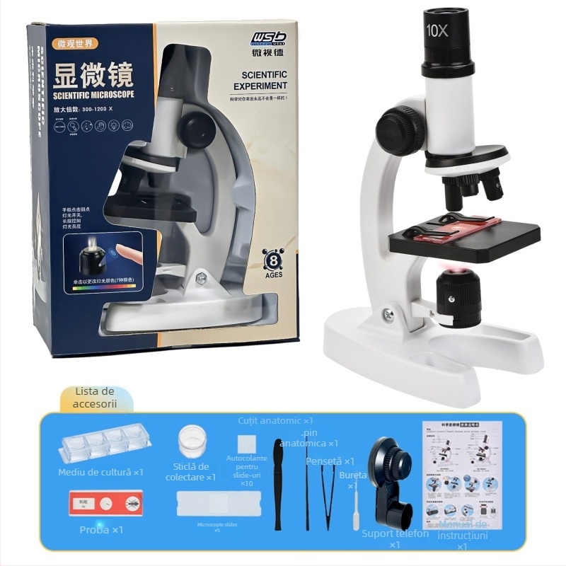 Mikroscop optic biologic de birou pentru copii, 1200x mărire, din plastic, pentru 7–14 ani, ambalaj: cutie din carton