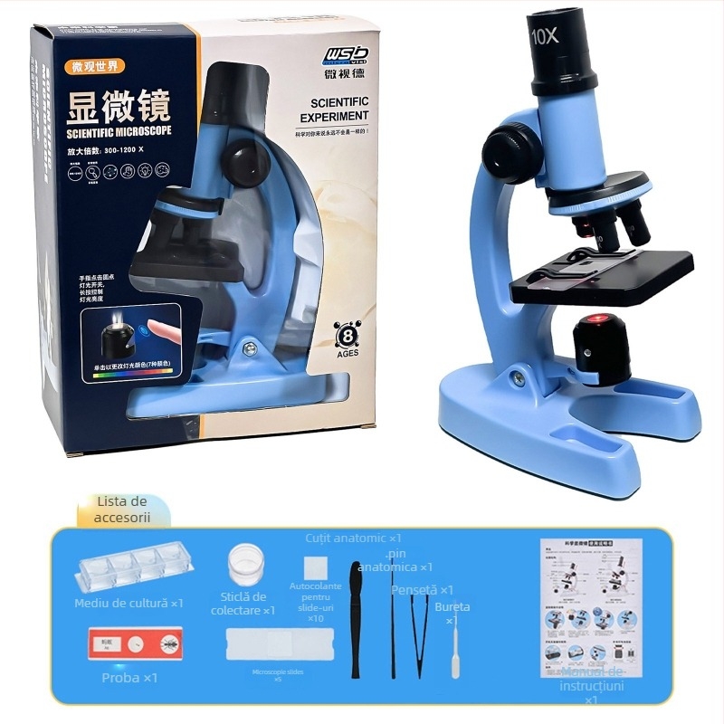 Mikroscop optic biologic de birou pentru copii, 1200x mărire, din plastic, pentru 7–14 ani, ambalaj: cutie din carton