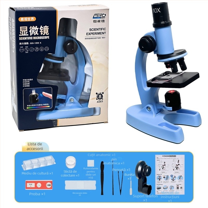 Mikroscop optic biologic de birou pentru copii, 1200x mărire, din plastic, pentru 7–14 ani, ambalaj: cutie din carton
