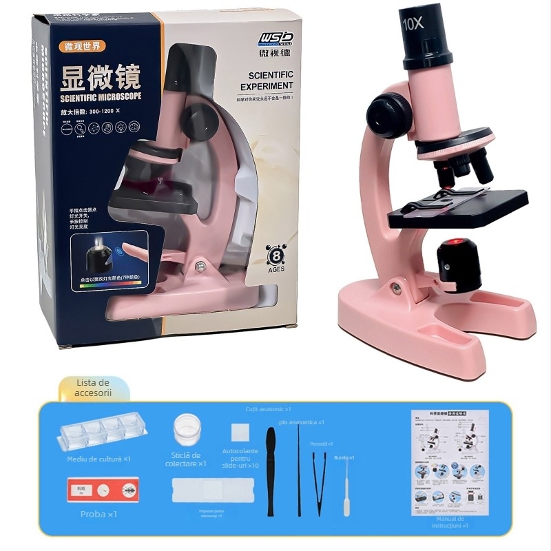 Mikroscop optic biologic de birou pentru copii, 1200x mărire, din plastic, pentru 7–14 ani, ambalaj: cutie din carton