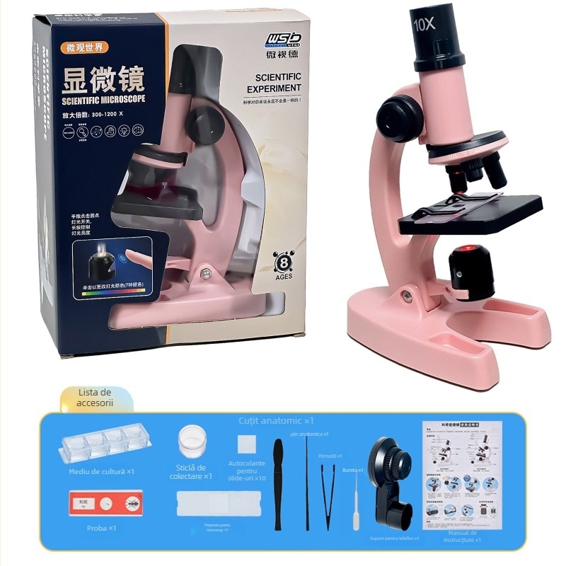 Mikroscop optic biologic de birou pentru copii, 1200x mărire, din plastic, pentru 7–14 ani, ambalaj: cutie din carton