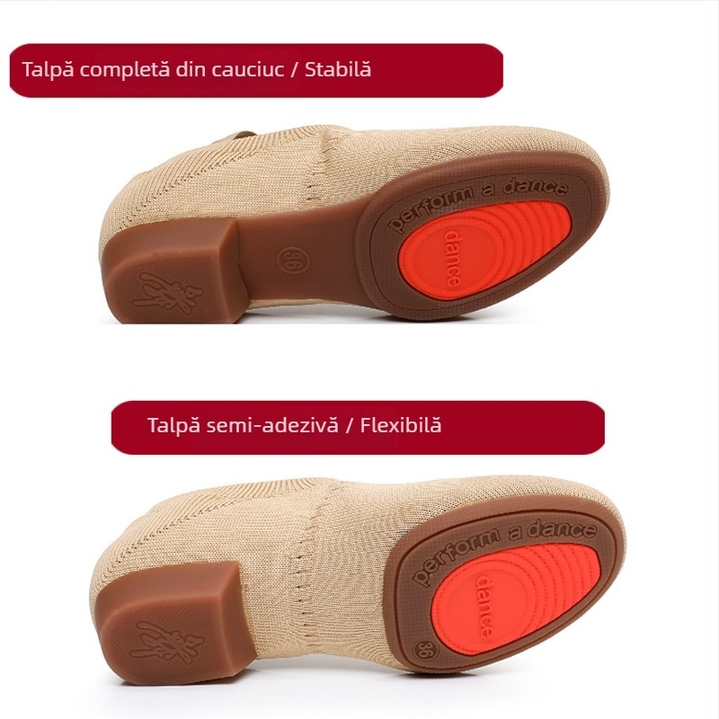 Pantofi de dans pentru femei, pentru dans pătrat, cu partea superioară din plasă, respirabili, pentru balet și mișcări de dans