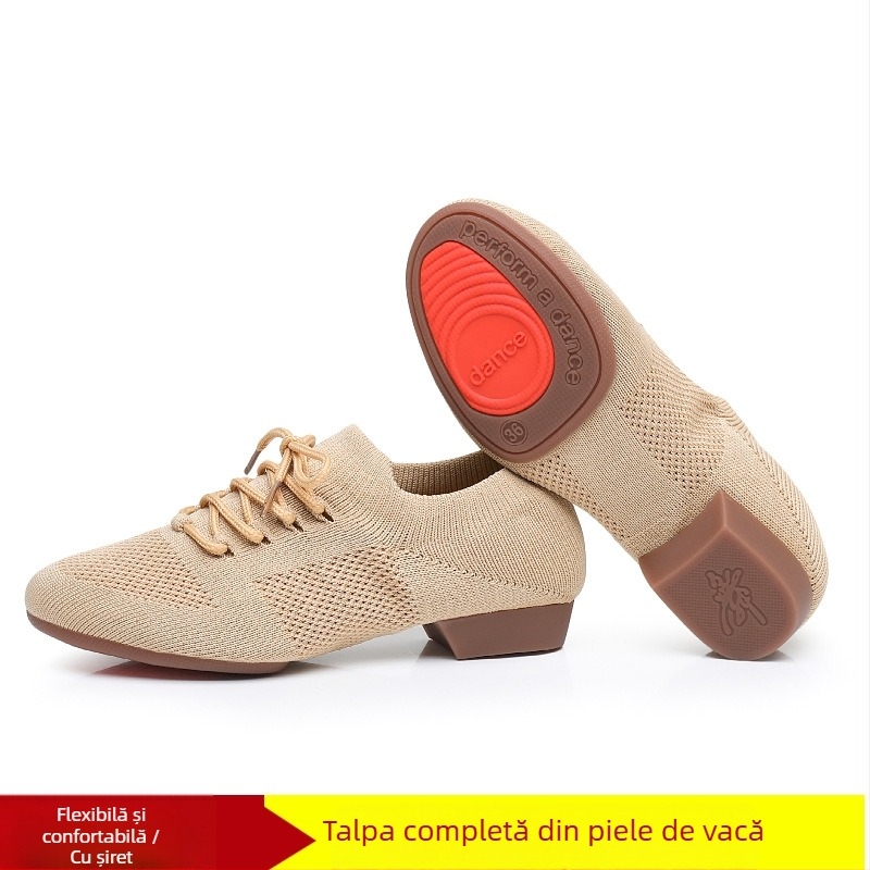 Pantofi de dans pentru femei, pentru dans pătrat, cu partea superioară din plasă, respirabili, pentru balet și mișcări de dans