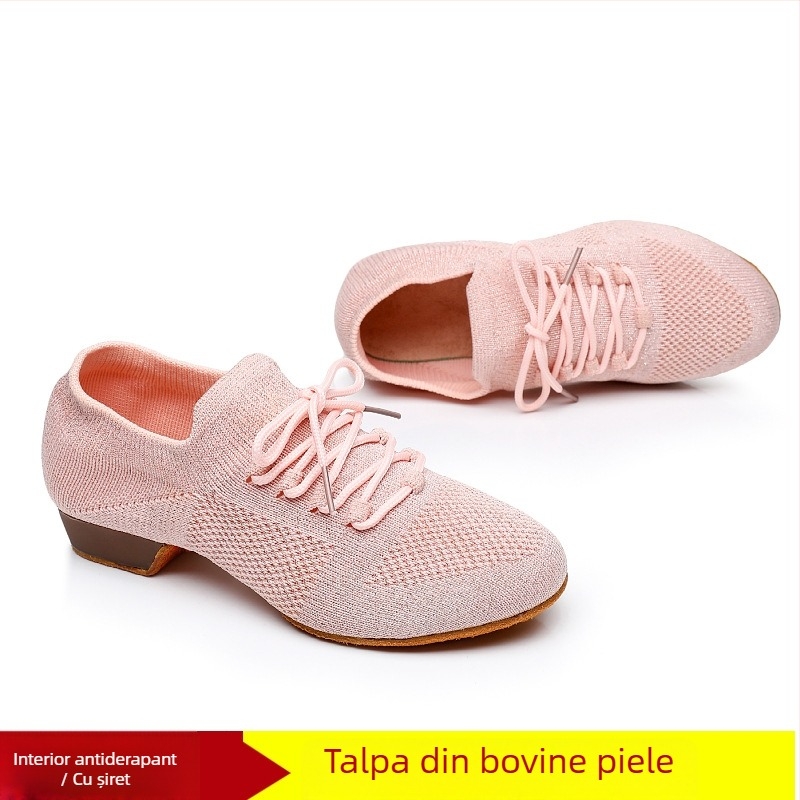 Pantofi de dans pentru femei, pentru dans pătrat, cu partea superioară din plasă, respirabili, pentru balet și mișcări de dans