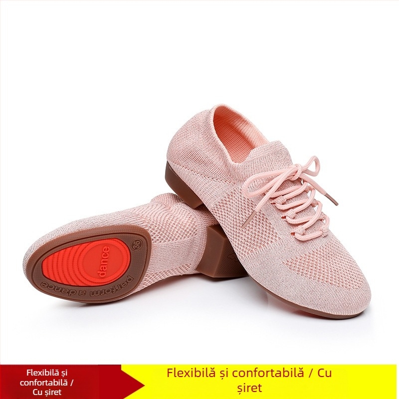 Pantofi de dans pentru femei, pentru dans pătrat, cu partea superioară din plasă, respirabili, pentru balet și mișcări de dans