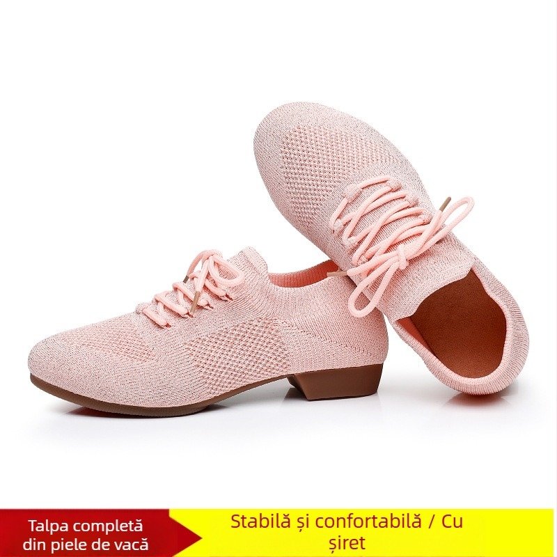 Pantofi de dans pentru femei, pentru dans pătrat, cu partea superioară din plasă, respirabili, pentru balet și mișcări de dans
