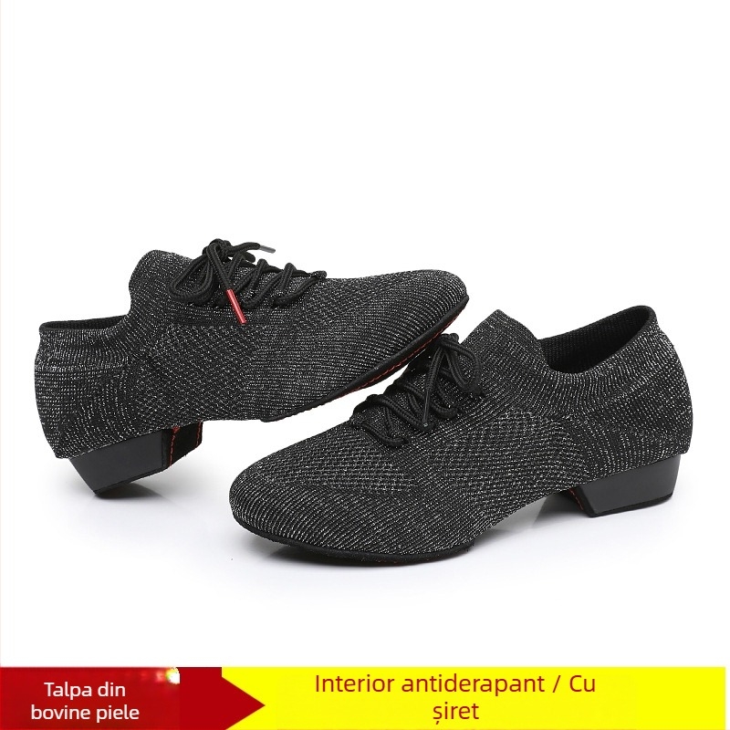 Pantofi de dans pentru femei, pentru dans pătrat, cu partea superioară din plasă, respirabili, pentru balet și mișcări de dans