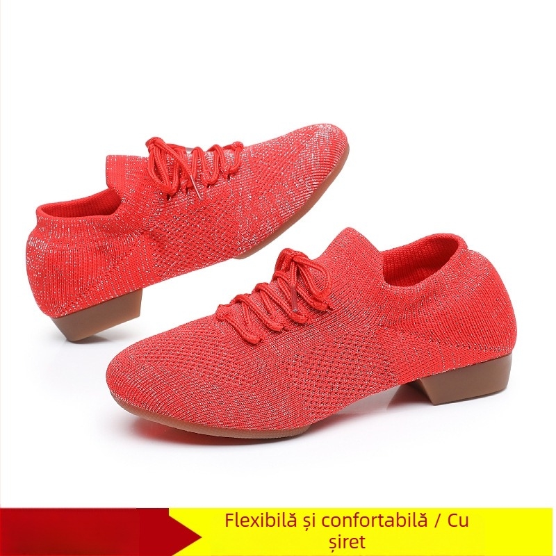 Pantofi de dans pentru femei, pentru dans pătrat, cu partea superioară din plasă, respirabili, pentru balet și mișcări de dans
