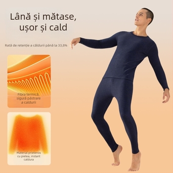 Set de lenjerie termică din lână-silk pentru bărbați – căptușit cu catifea, 251–300 g/m², top și pantaloni, guler rotund, mâneci lungi